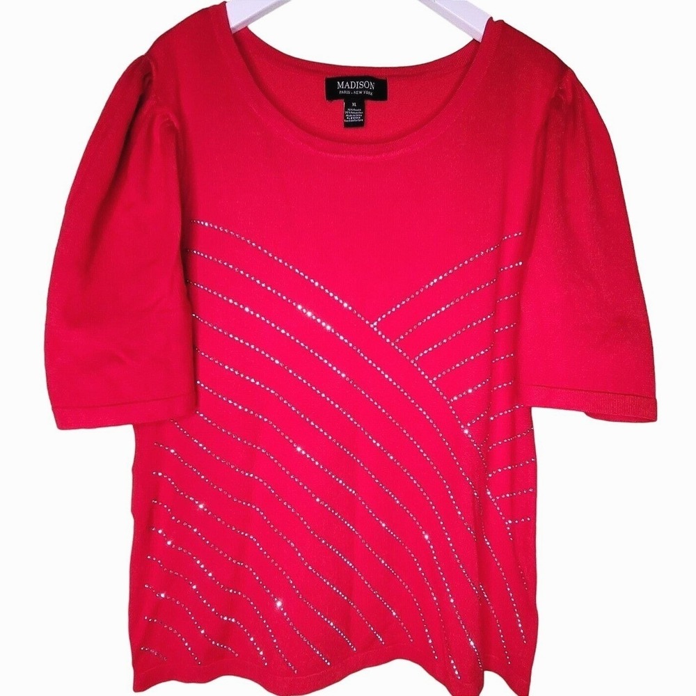 Red Sweater Rhinestone Puff Sleeve Round Neck Sparkle XL Madison Paris New York